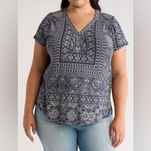 Lucky Brand Boho Blue Short Cap Sleeve Kenta Print Tee Size Large EUC